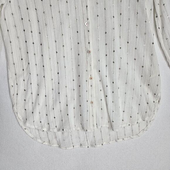 Feather Bone Gauzy Top Blouse Shirt Sz M White Sequins Accents Button Front Boho - Picture 6 of 14